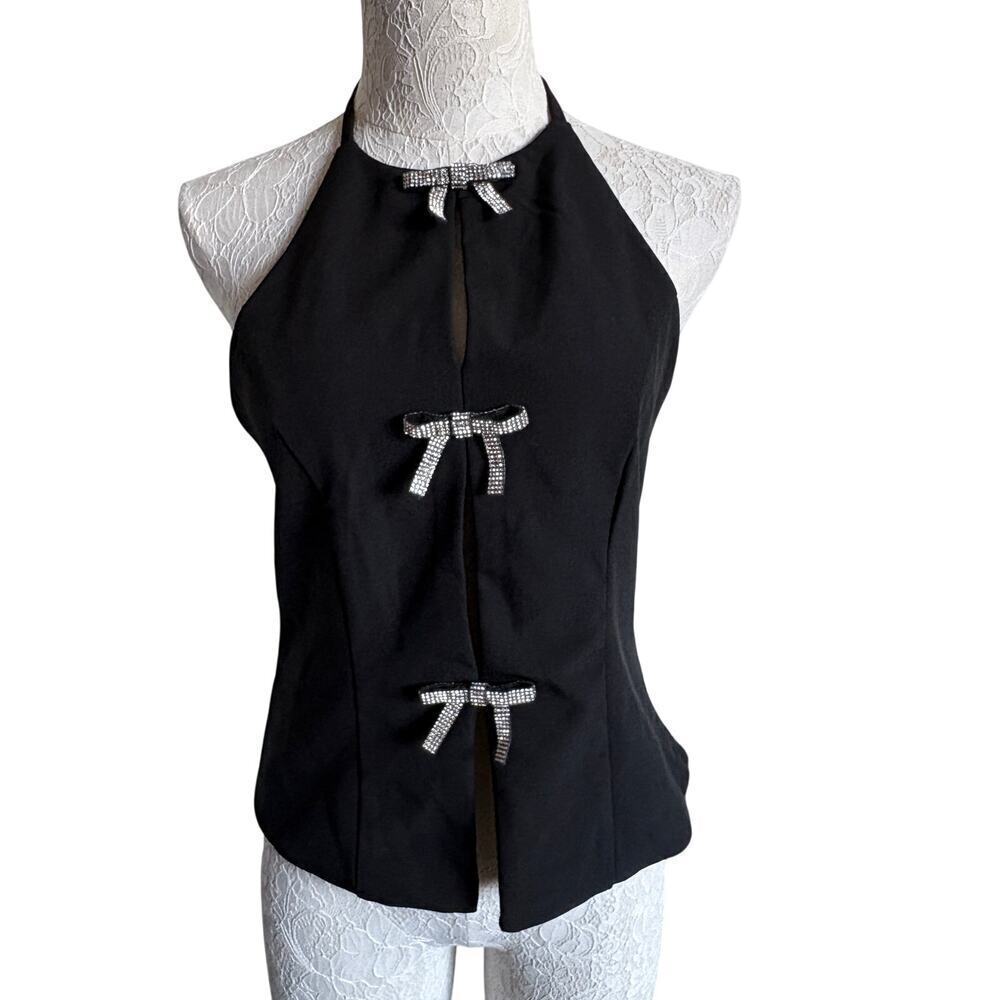 Crystal Sky Black Halter Top M Rhinestone Bow Detail Party Holiday Vixen